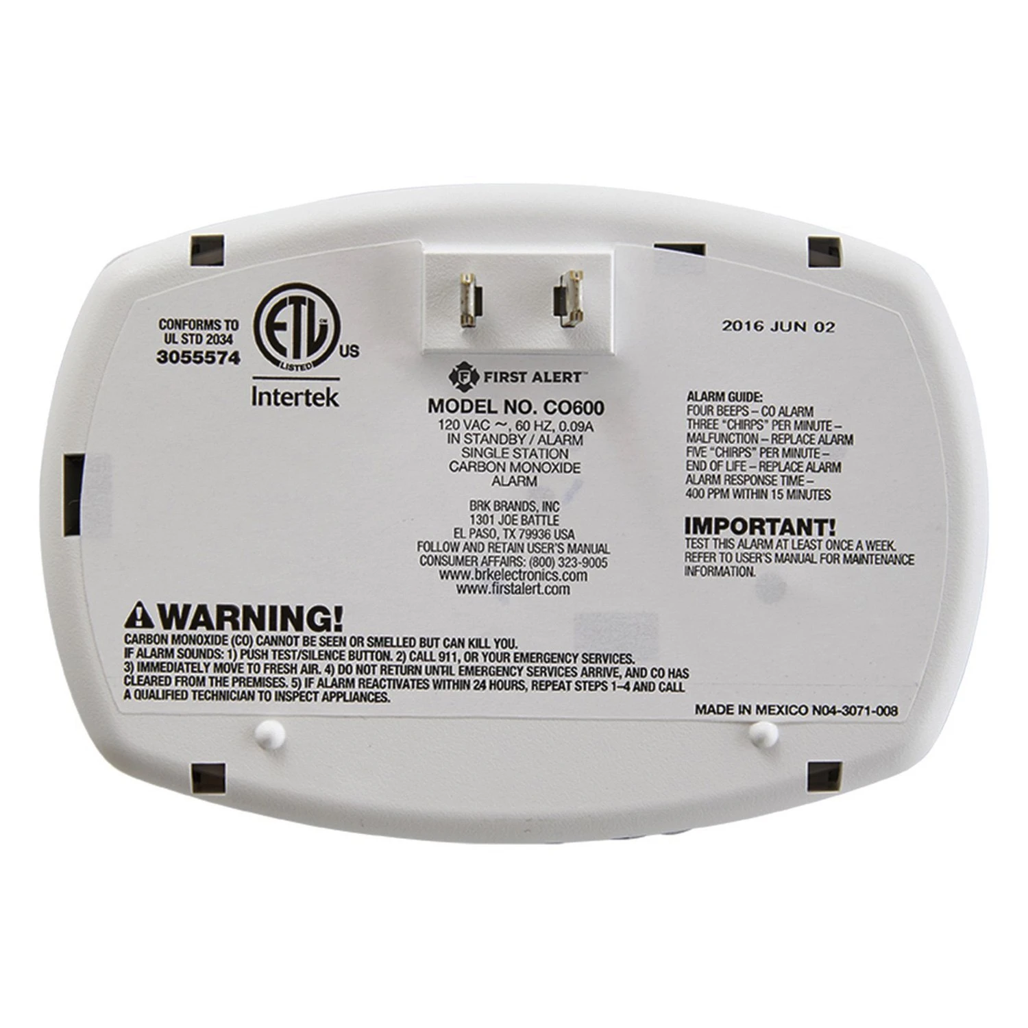 First Alert® - Basic™ Plug-in White Carbon Monoxide Alarm With Battery Backup - Image 3